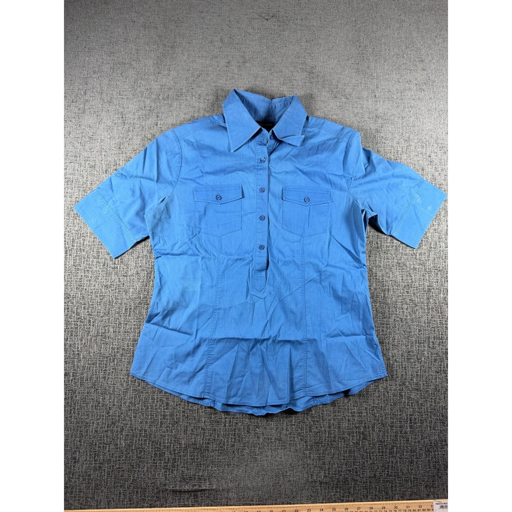 New York & Company Blue Short Sleeve Button Down Stretch Shirt Medium